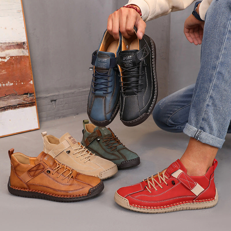 Stylish leather shoes collection in various colors displayed on floor