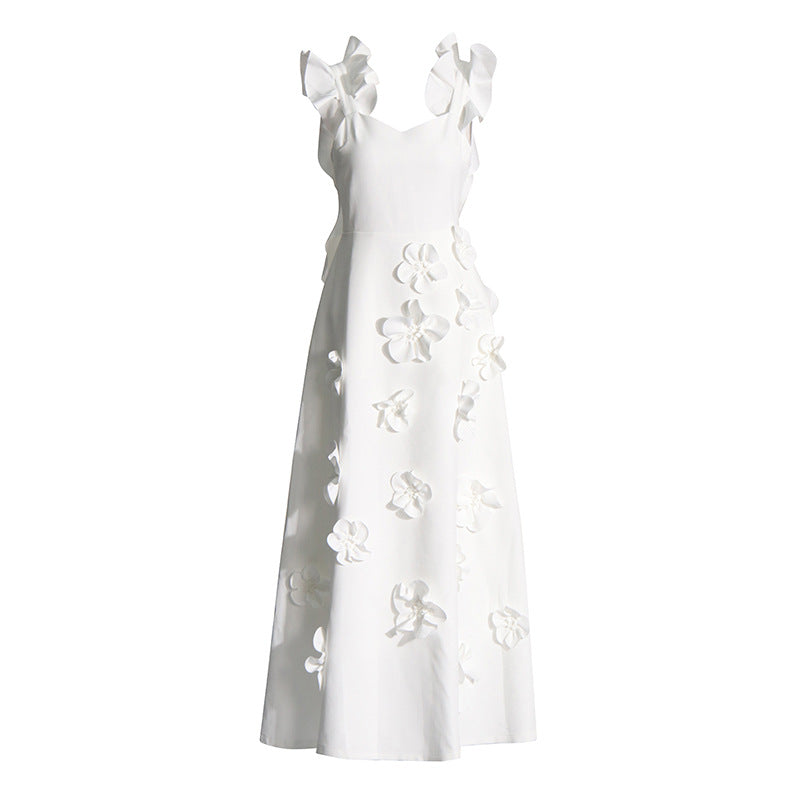 High-grade Stitching Three-dimensional Flower Sling Dress in white, sleeveless, long skirt with high waist, perfect for socialite events.