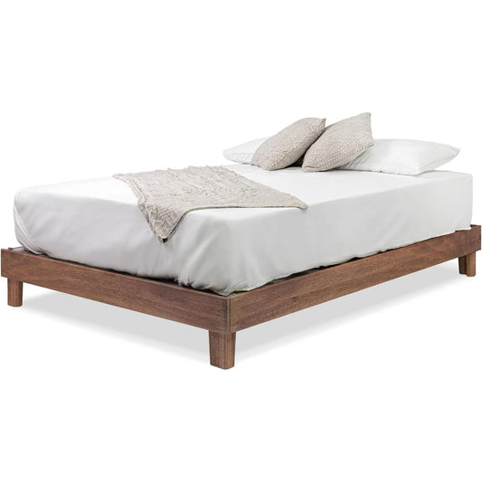 King size Solid Wood Heavy Duty Platform Bed Frame in Oak Finish - Made in USA with linens and pillows, showcasing craftsmanship.