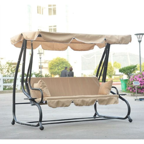 Outdoor Canopy Swing Patio Porch Shade Deck Bed in Sand with metal frame and cushioned seat, ideal for backyard relaxation.