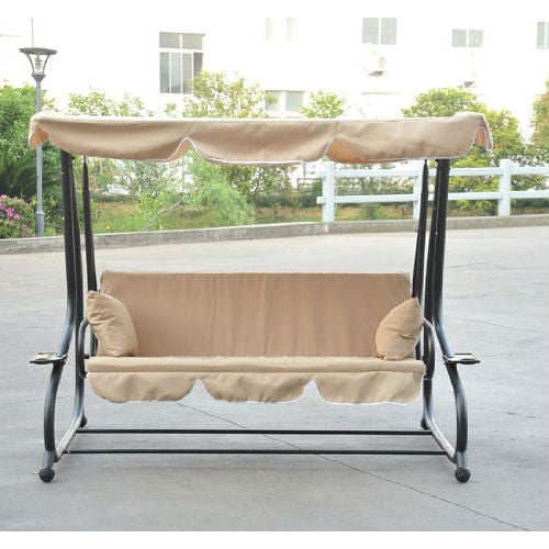 Outdoor Canopy Swing Patio Porch Shade Deck Bed in Sand with cushioned seating and sun cover shown in an outdoor setting.