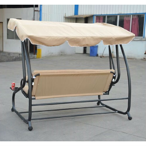 Outdoor Canopy Swing Patio Porch Shade Deck Bed in Sand with cushioned seating, metal frame, and cup holders for relaxation.