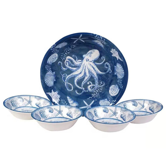 5-Piece Starfish Sea Shells Octopus Beach Dinner Bowl Set in Blue and White, melamine ocean-themed bowls