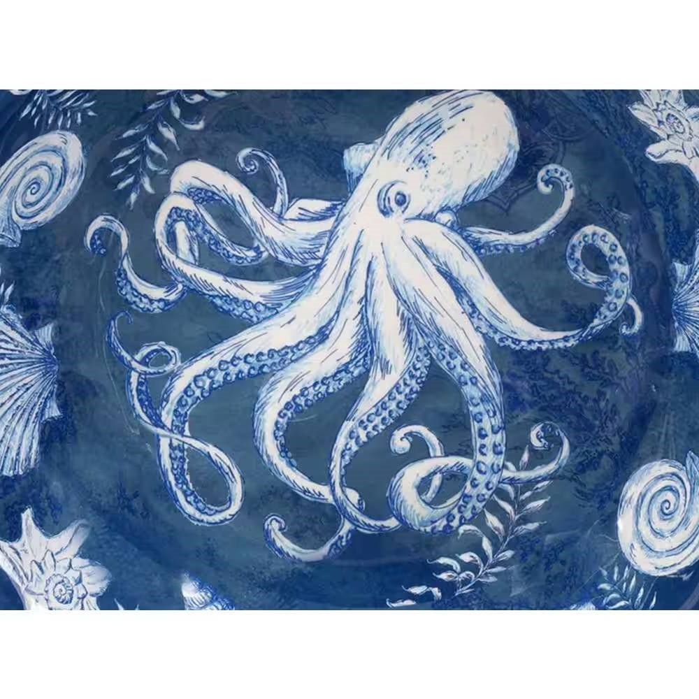 Blue and white bowl featuring an octopus design, part of the 5-Piece Starfish Sea Shells Octopus Beach Dinner Bowl Set