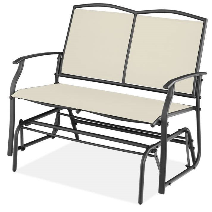 2 Seat Mesh Patio Loveseat Swing Glider Rocker with Armrests in Off White on a white background