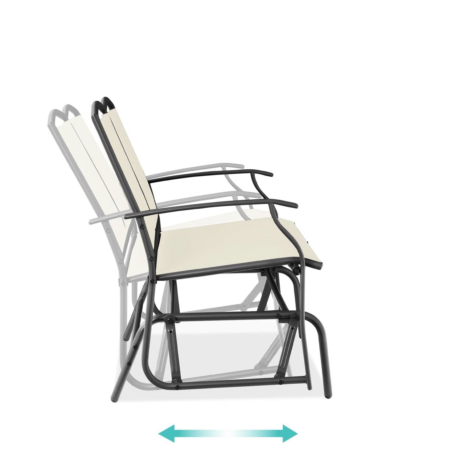 2 Seat Mesh Patio Loveseat Swing Glider Rocker with Armrests in Off White showing gliding motion