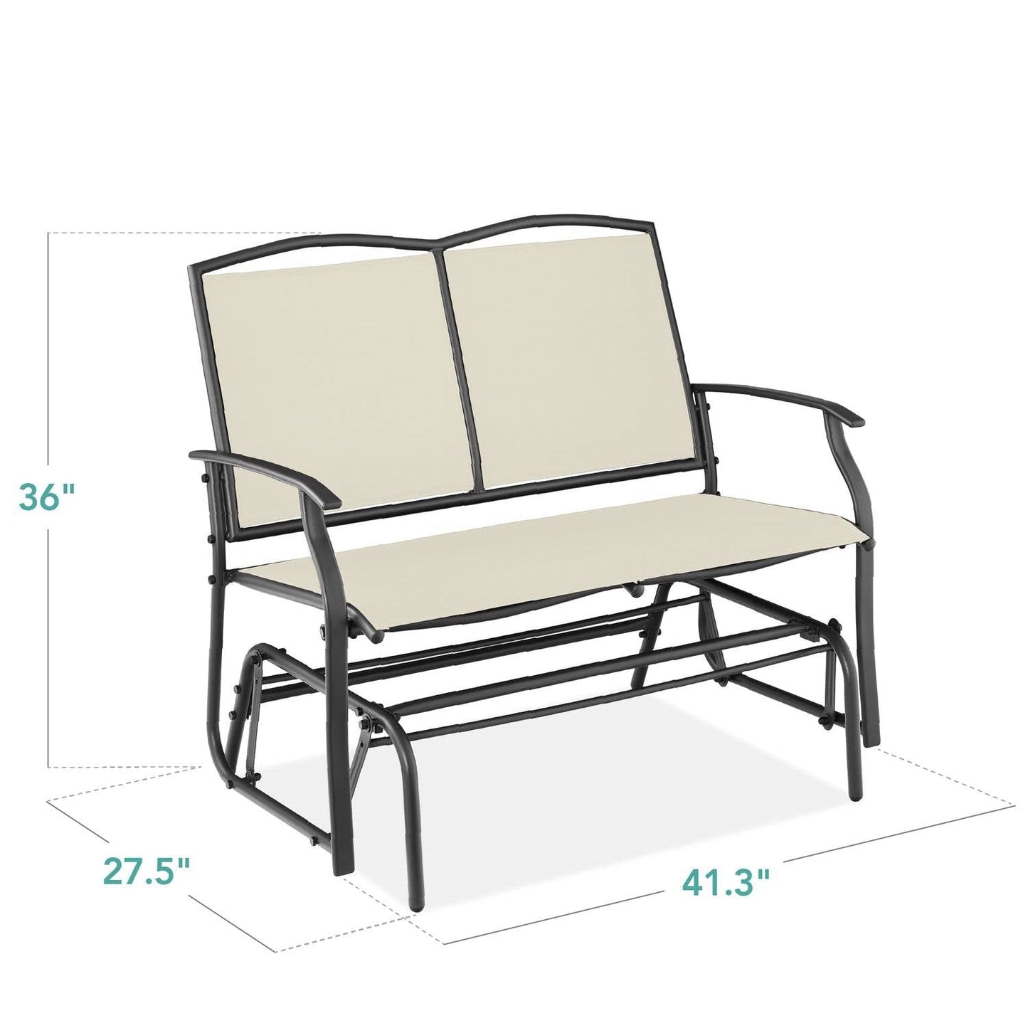 2 Seat Mesh Patio Loveseat Swing Glider Rocker with Armrests in Off White shown with dimensions