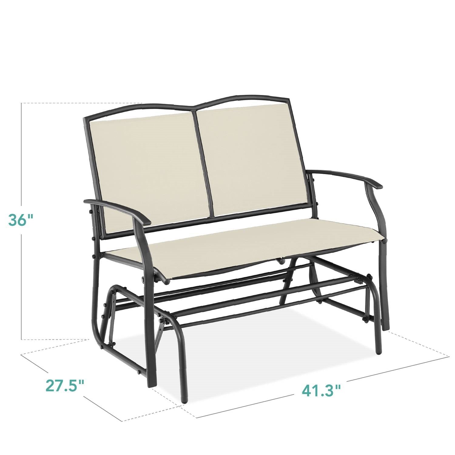 2 Seat Mesh Patio Loveseat Swing Glider Rocker with Armrests in Off White shown with dimensions