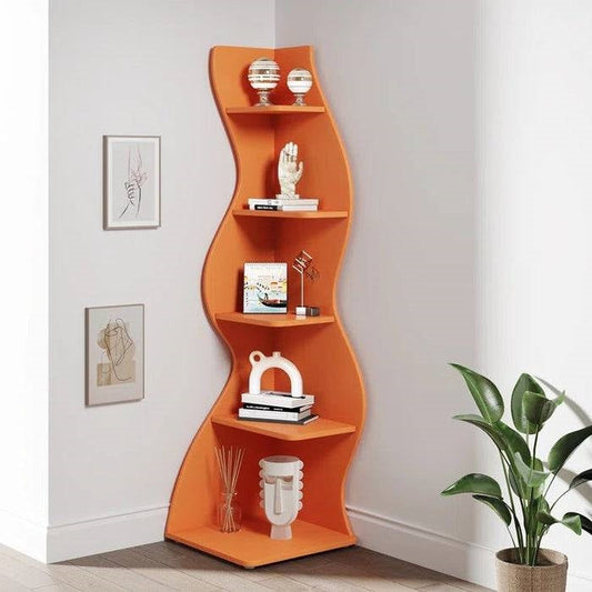 Modern Wave Shape 5 Shelf Corner Bookcase in Orange Wood Finish, contemporary design, home or office shelving unit, space-saving solution