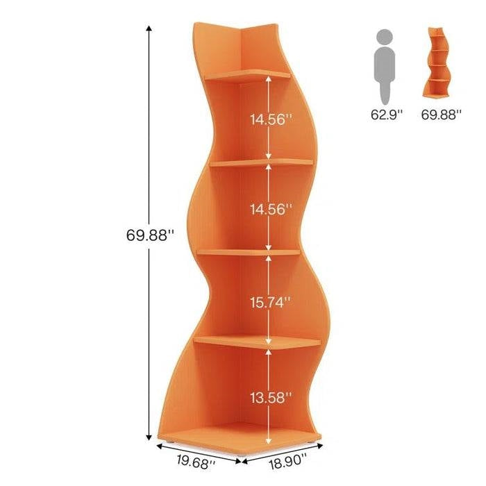 Modern Wave Shape 5 Shelf Corner Bookcase in Orange Wood Finish with measurements
