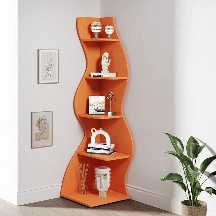 Modern Wave Shape 5 Shelf Corner Bookcase in Orange Wood Finish with artistic design, featuring decorative elements and home decor items.