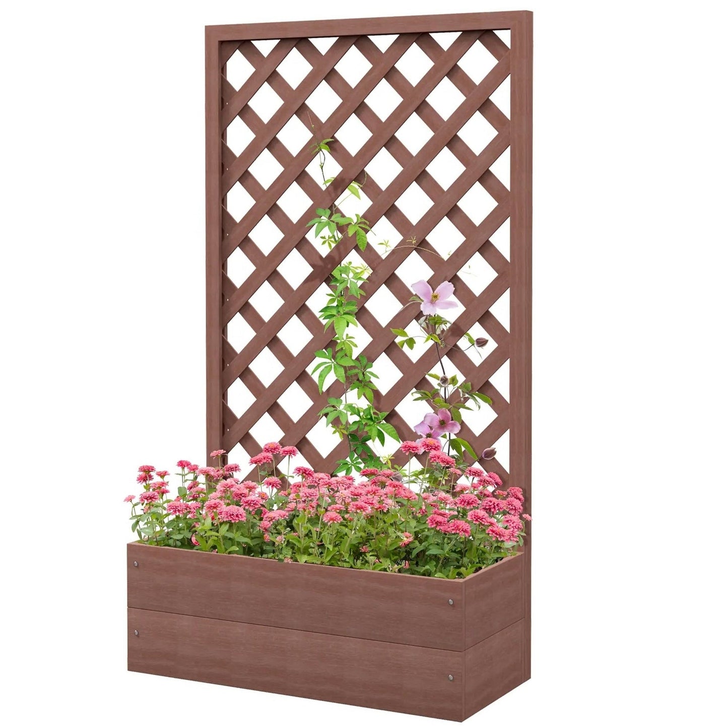 Outdoor Brown Wooden Raised Garden Bed Planter Box with Lattice Trellis filled with vibrant flowers and climbing plants