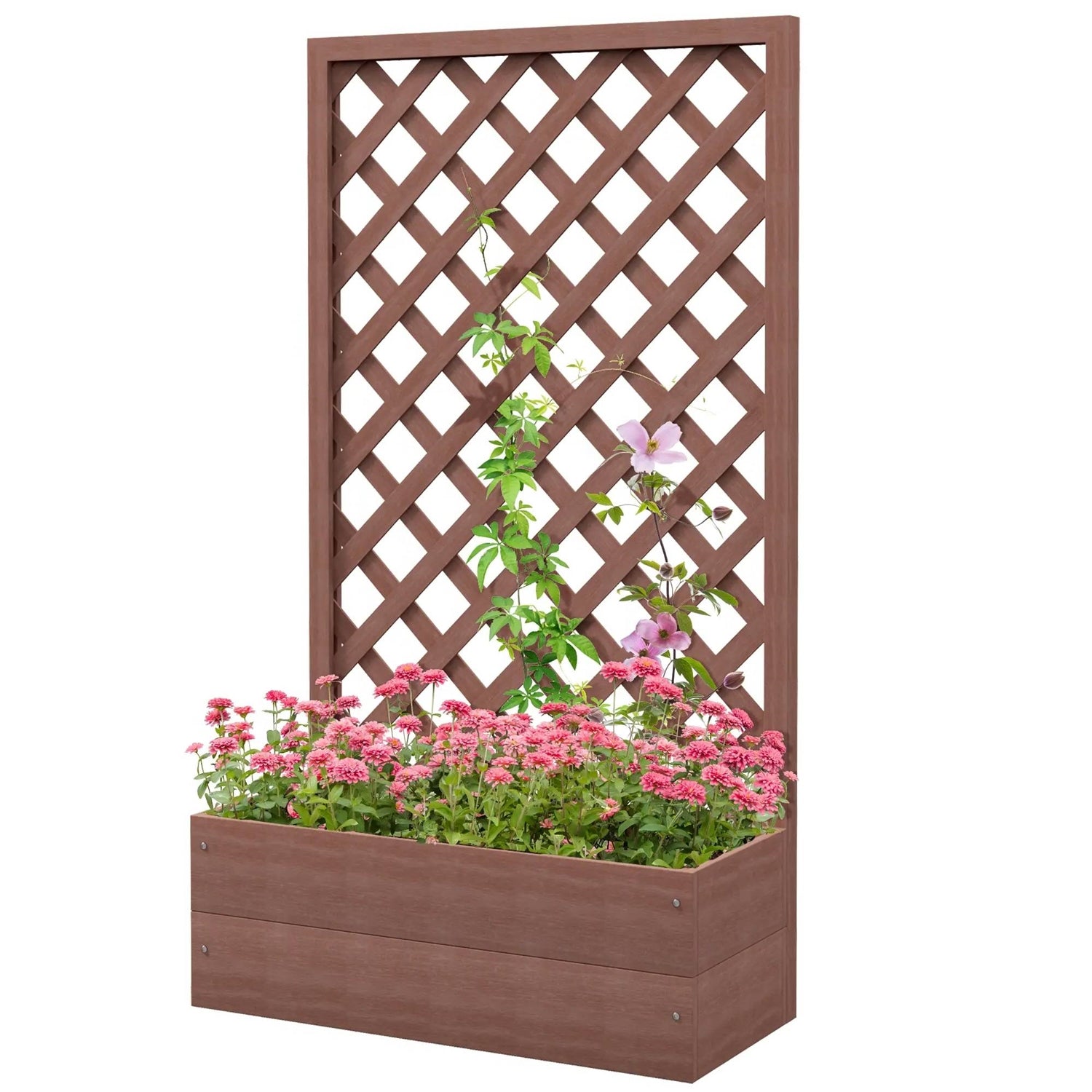 Outdoor Brown Wooden Raised Garden Bed Planter Box with Lattice Trellis filled with vibrant flowers and climbing plants