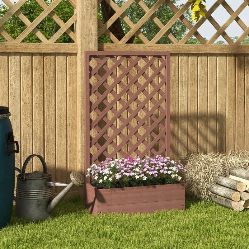 Outdoor Brown Wooden Raised Garden Bed Planter Box with Lattice Trellis in a garden setting with flowers.