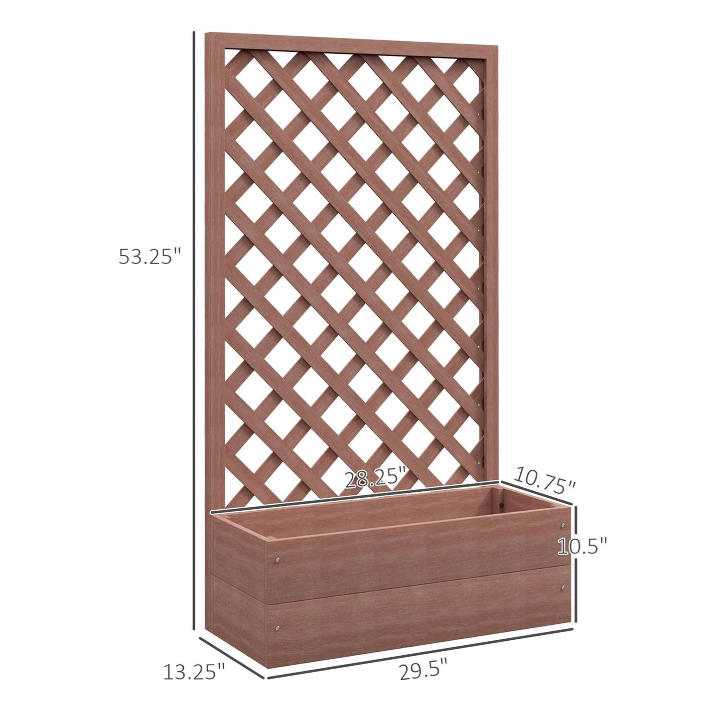 Outdoor Brown Wooden Raised Garden Bed Planter Box with Lattice Trellis; dimensions shown: 53.25" height, 29.5" width.