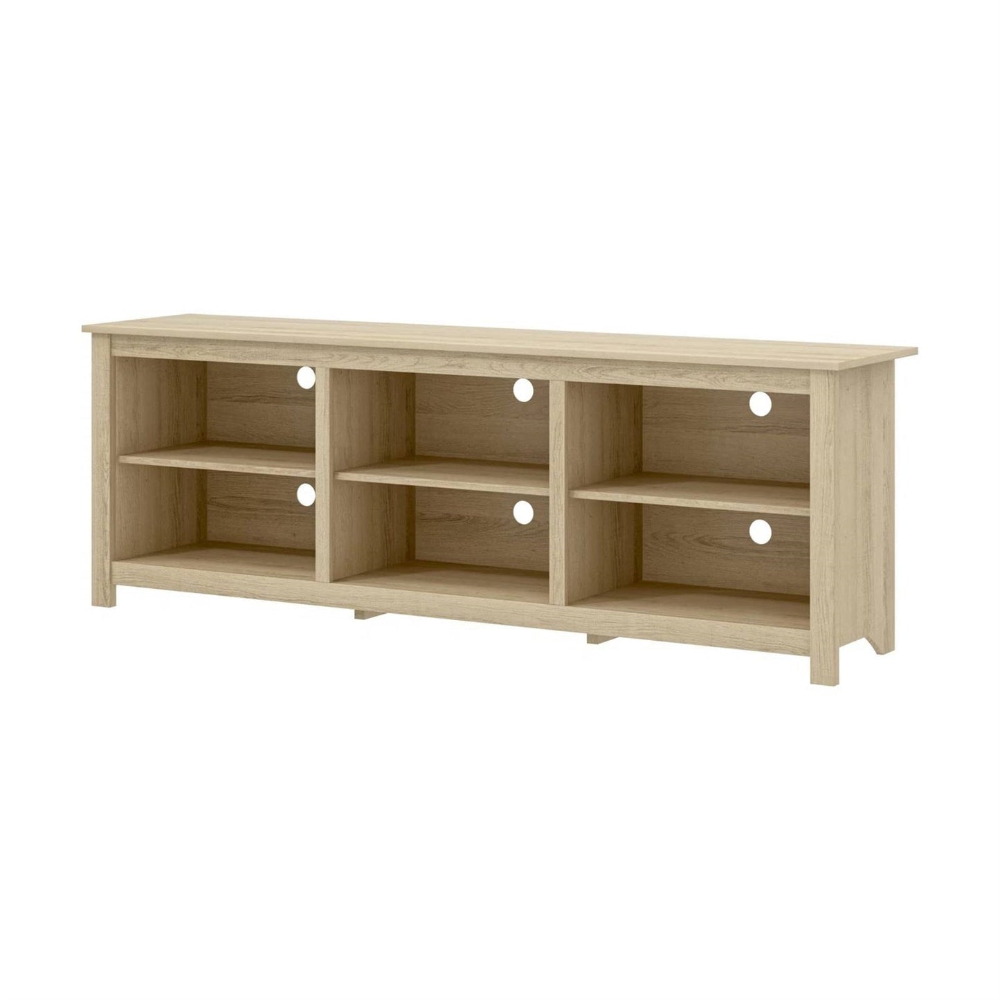 Farmhouse TV Stand in Light Oak Wood Finish - for TVs up to 70-inch with six open compartments for books and decor