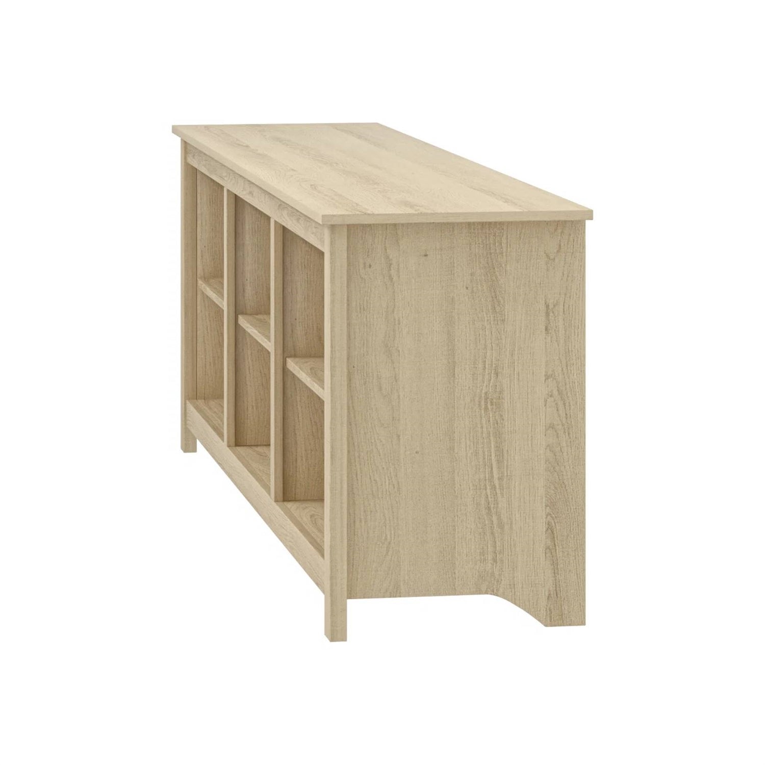 Farmhouse TV Stand in Light Oak Wood Finish - for TVs up to 70-inch with six open compartments, stylish and practical home furniture