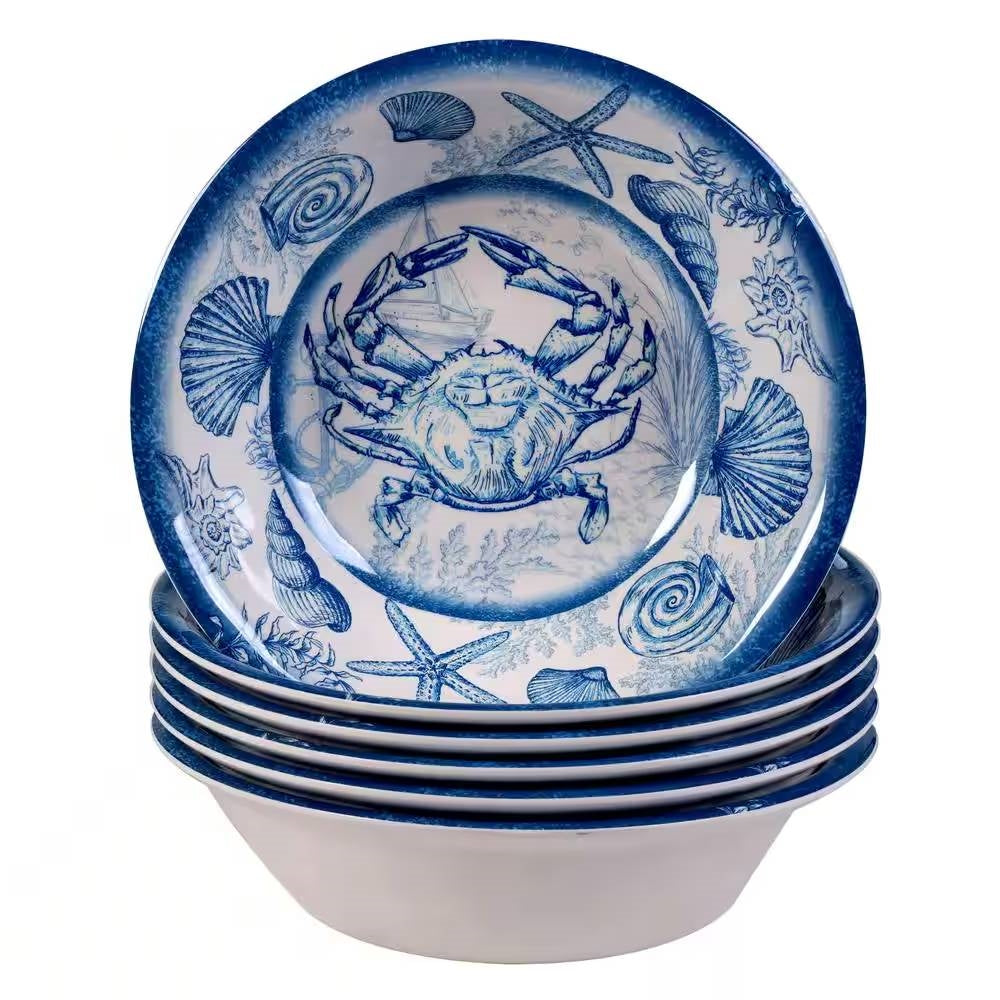 6-Piece Dinner Bowl Set with Blue White Ocean Sea Shells Crab Starfish Pattern showcasing ocean themed design.