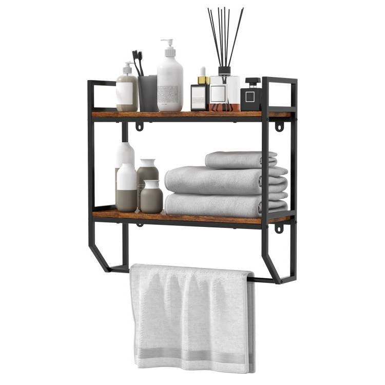 Wall Mounted Over Toilet 2-Shelf Bathroom Shelving Unit with Towel Bar holding toiletries and towels