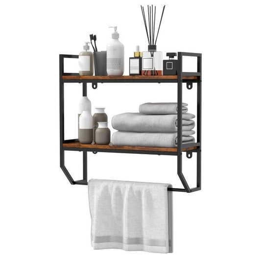 Wall Mounted Over Toilet 2-Shelf Bathroom Shelving Unit with Towel Bar holding toiletries and towels