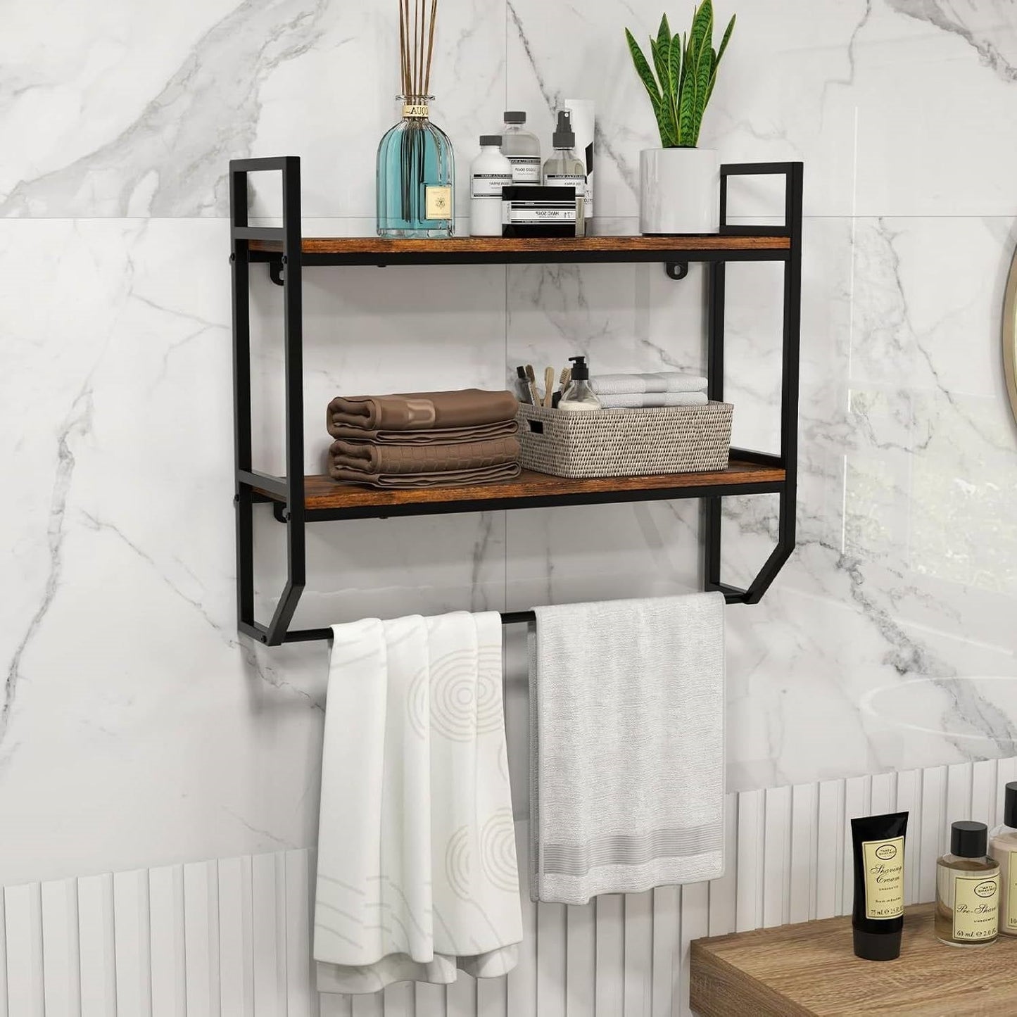 Wall Mounted Over Toilet 2-Shelf Bathroom Shelving Unit with Towel Bar displaying toiletries and towels