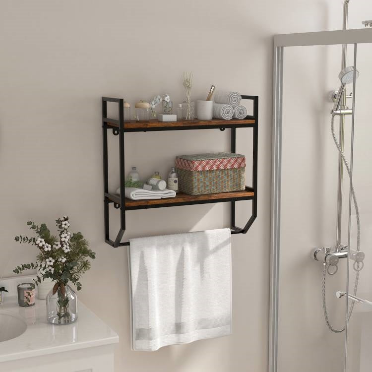 Wall Mounted Over Toilet 2-Shelf Bathroom Shelving Unit with Towel Bar above sink in a modern bathroom.