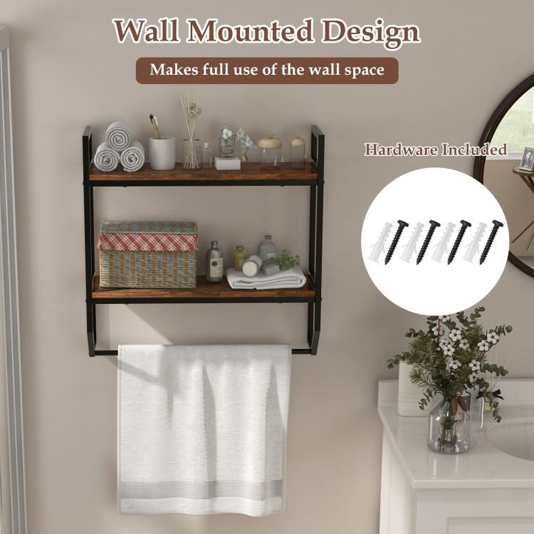 Wall Mounted Over Toilet 2-Shelf Bathroom Shelving Unit with Towel Bar displayed on a wall, showcasing 2 open shelves and a towel rack.