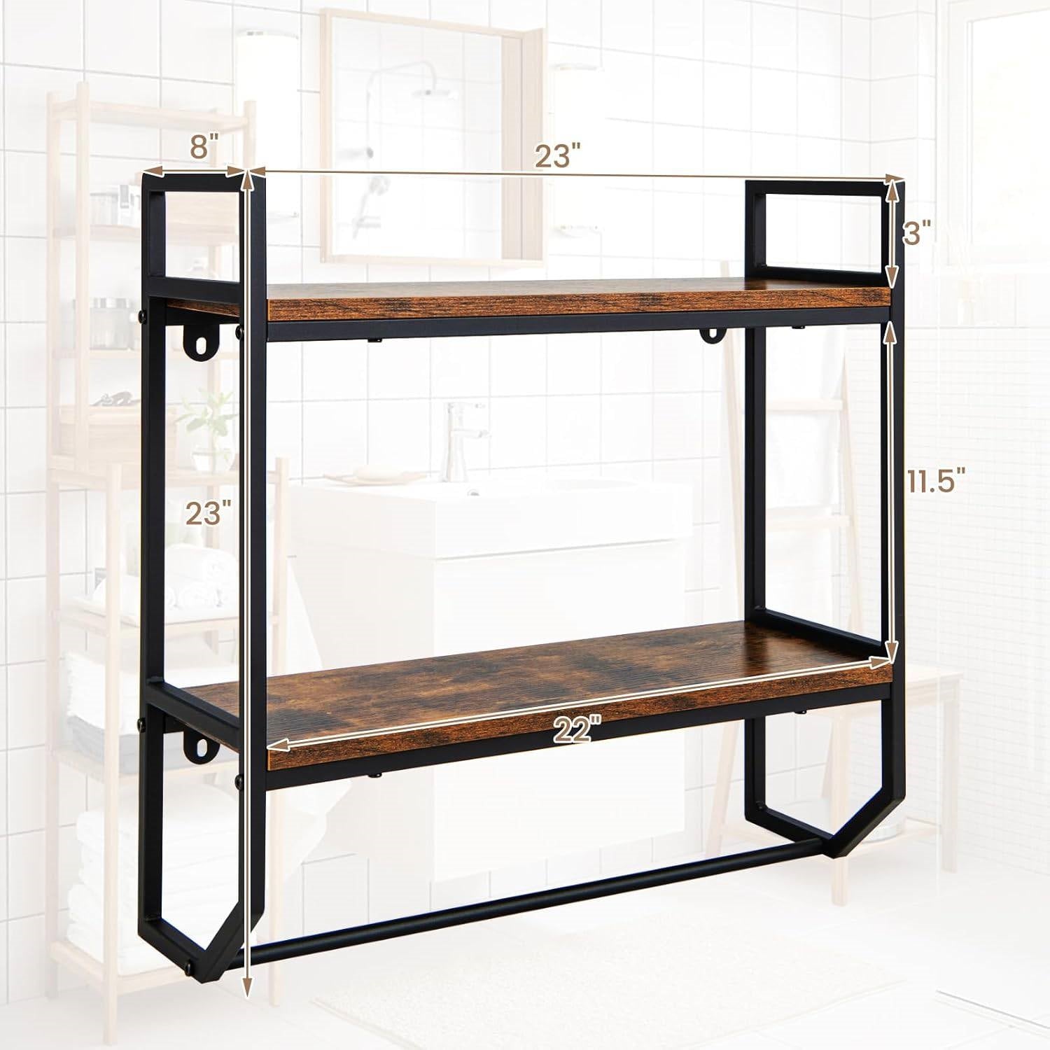 Wall Mounted Over Toilet 2-Shelf Bathroom Shelving Unit with Towel Bar in bathroom setting, showing dimensions and shelves.