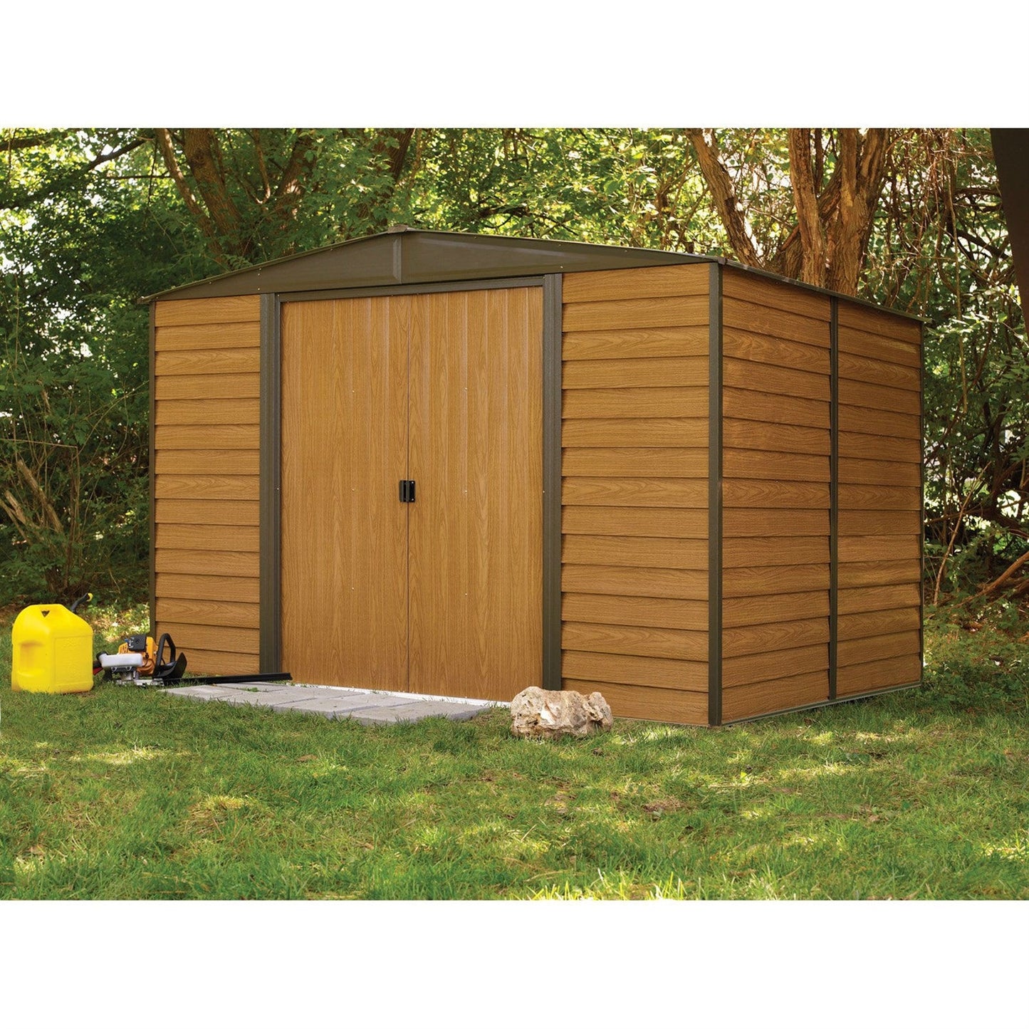 Outdoor 10 x 12-ft Steel Storage Shed With Woodgrain Panels in garden setting