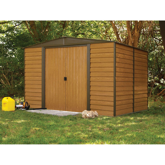 Outdoor 10 x 12-ft Steel Storage Shed With Woodgrain Panels in garden setting