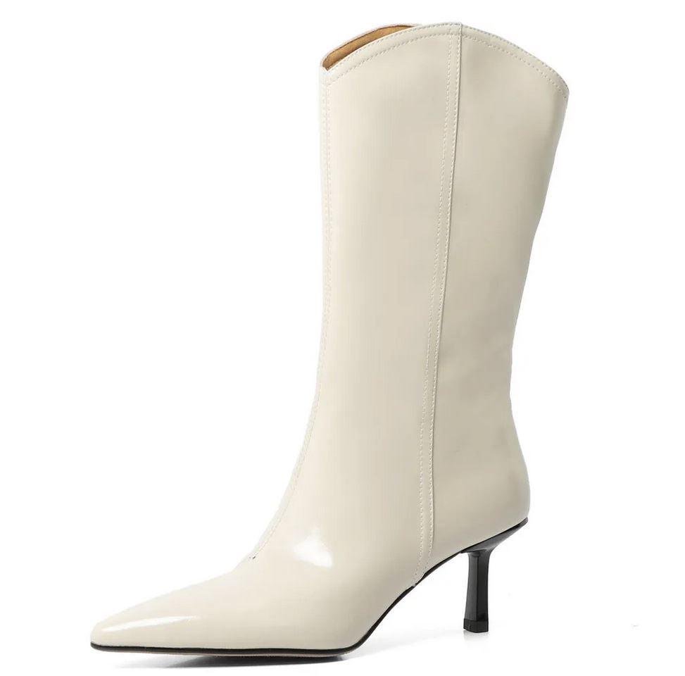 Off-white Elegant Stiletto Mid-Calf Boots in genuine cowhide leather with durable beef tendon sole.