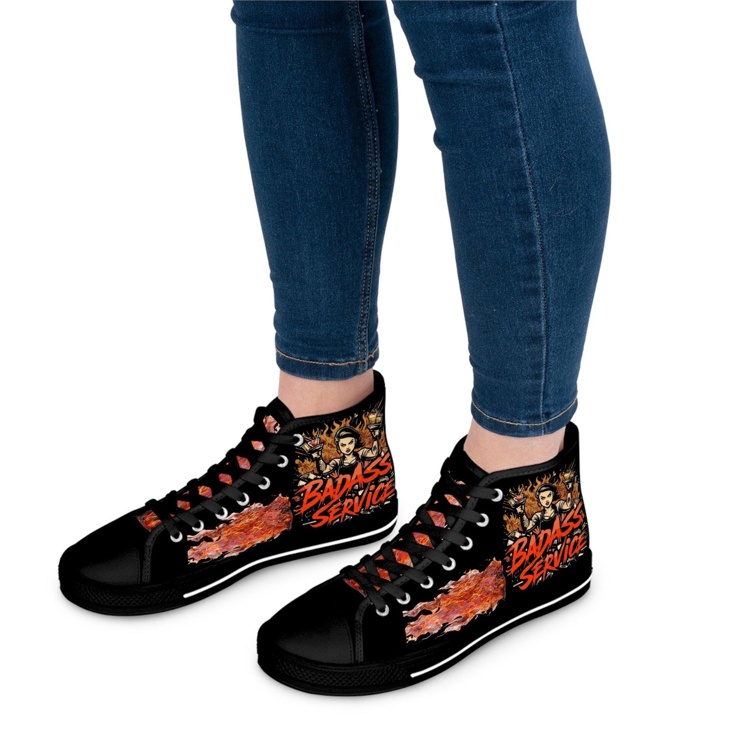 Bad Ass Service Womens Black High Top Sneakers with edgy bartender design and flame graphics