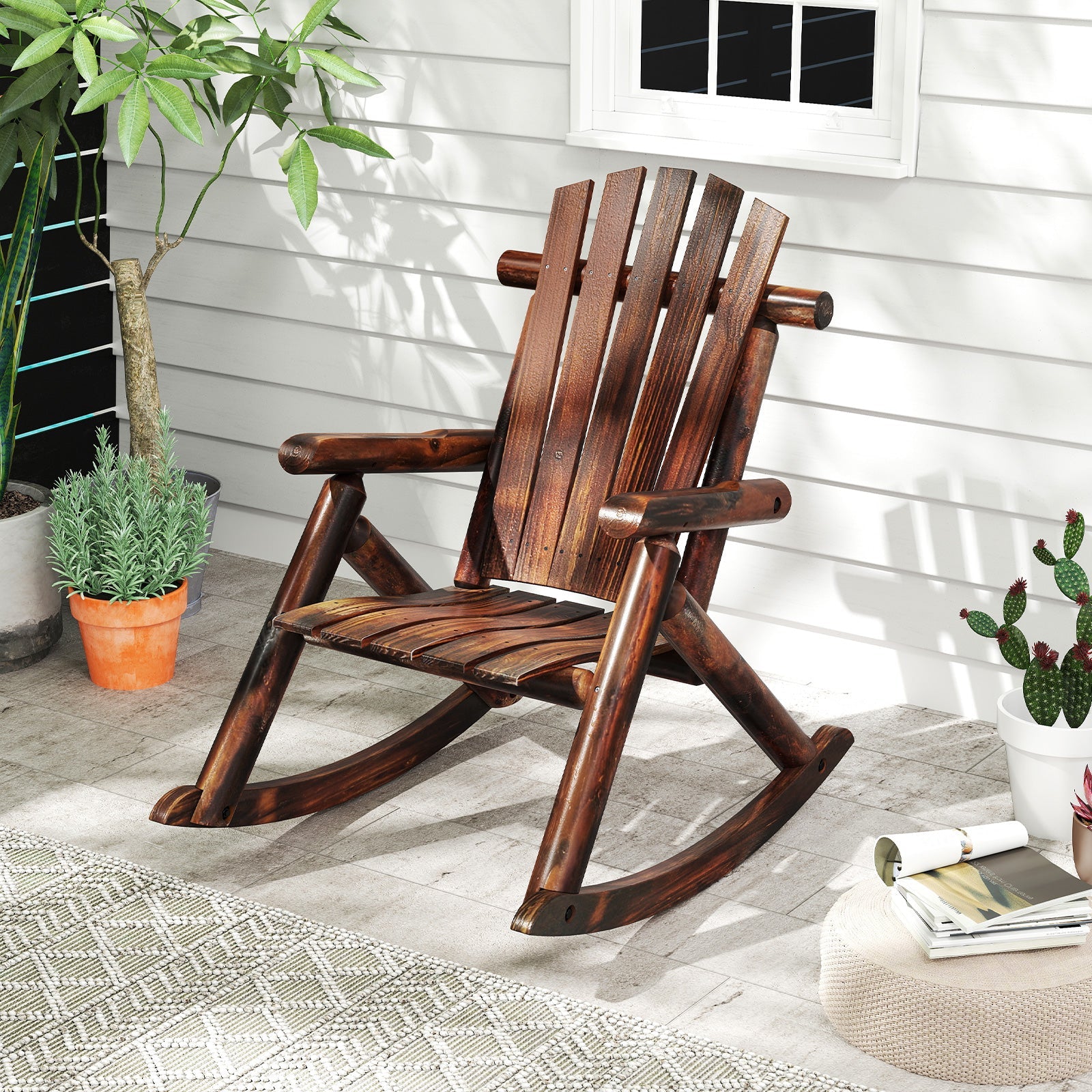 Outdoor Adirondack Rocking Chair for Adults Solid Wood Porch Rocker-Brown on patio