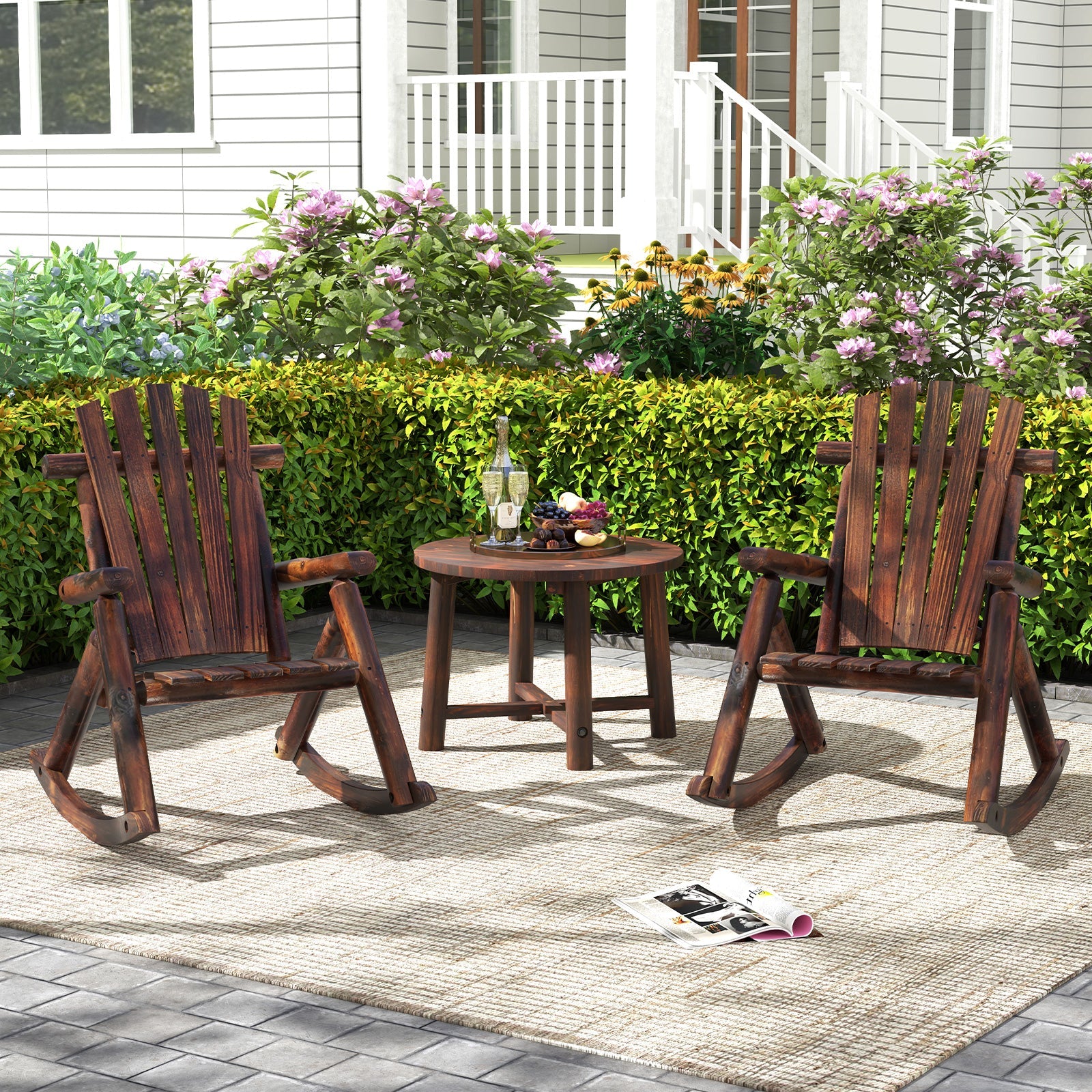 Outdoor Adirondack Rocking Chair for Adults Solid Wood Porch Rocker-Brown on patio with matching table and plants