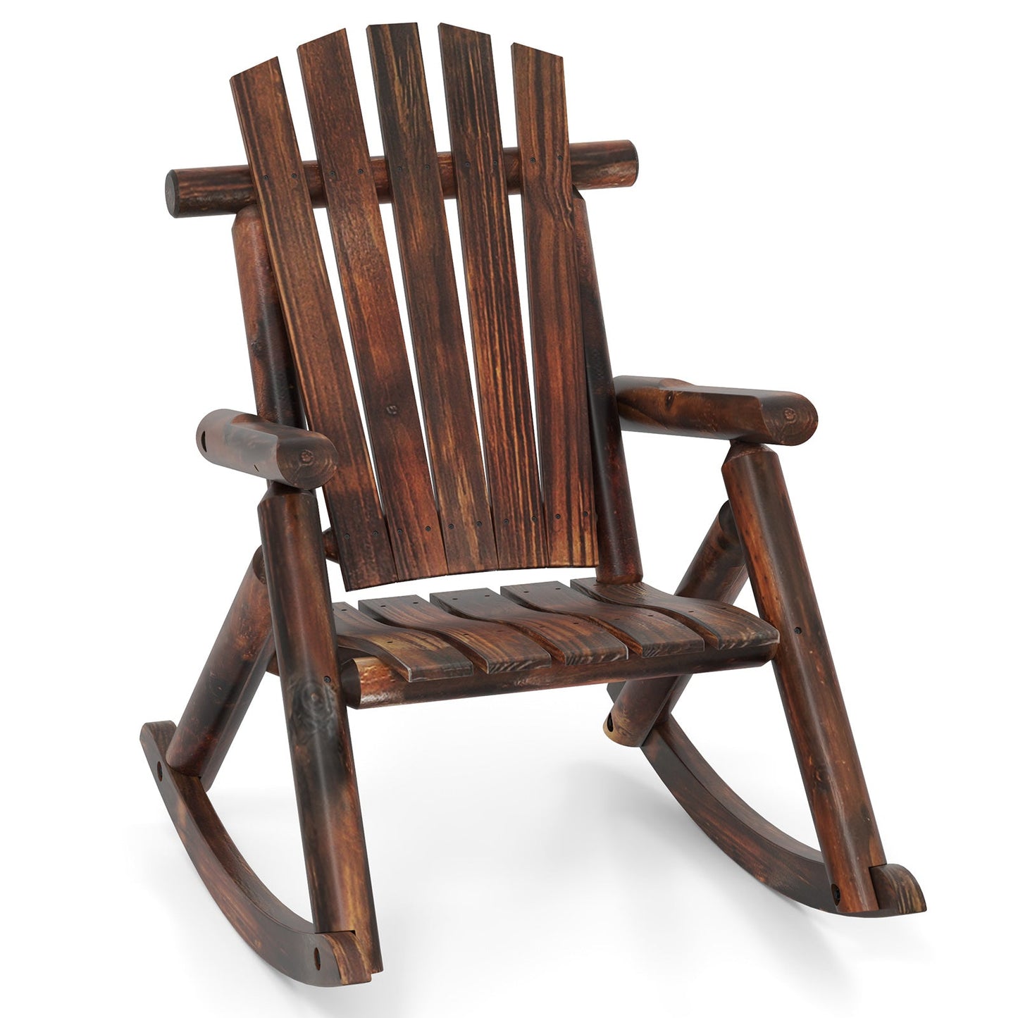 Outdoor Adirondack Rocking Chair for Adults Solid Wood Porch Rocker-Brown made from durable fir and pine wood with smooth rocking motion
