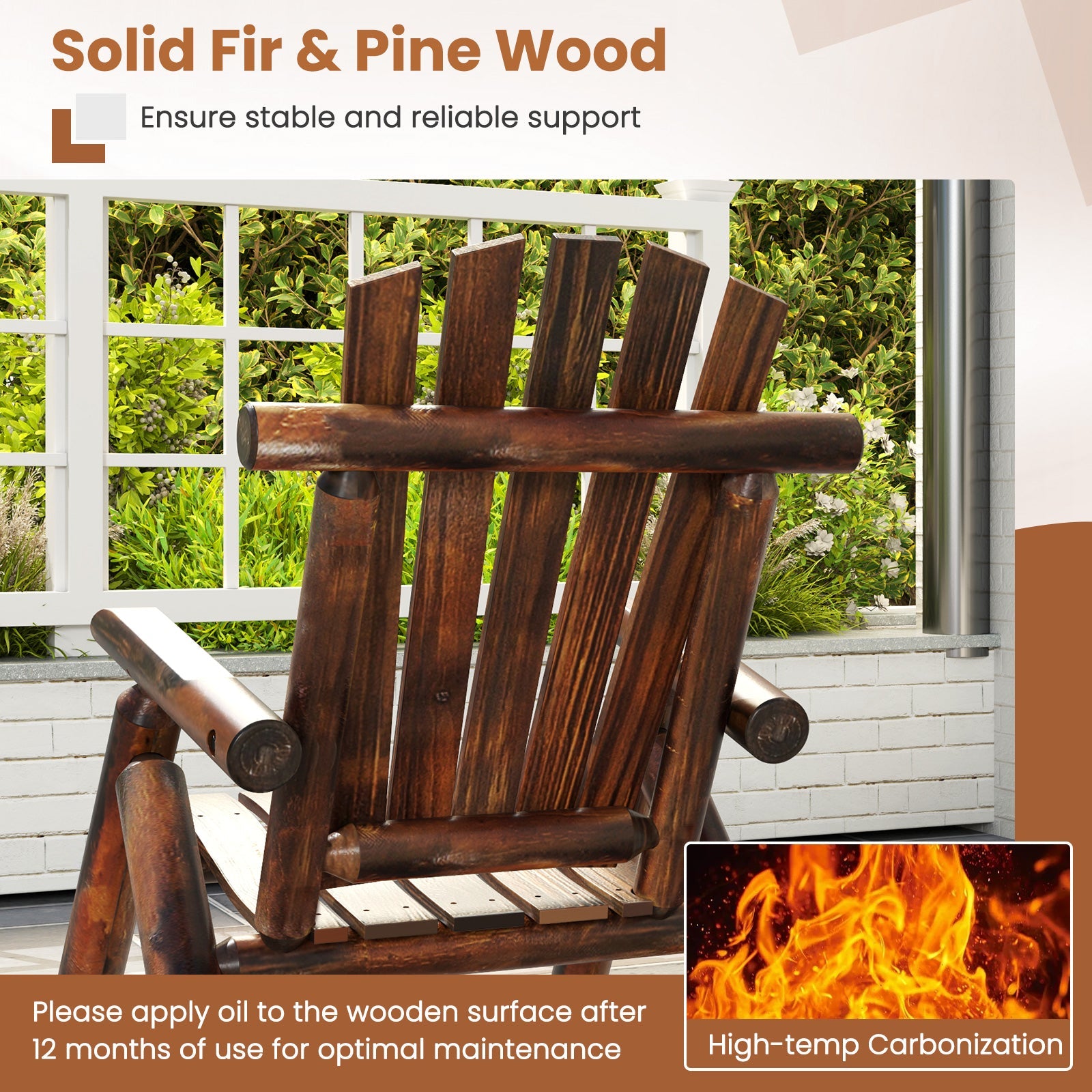 Outdoor Adirondack Rocking Chair for Adults Solid Wood Porch Rocker-Brown, made from solid fir and pine woods with high-temp carbonization.