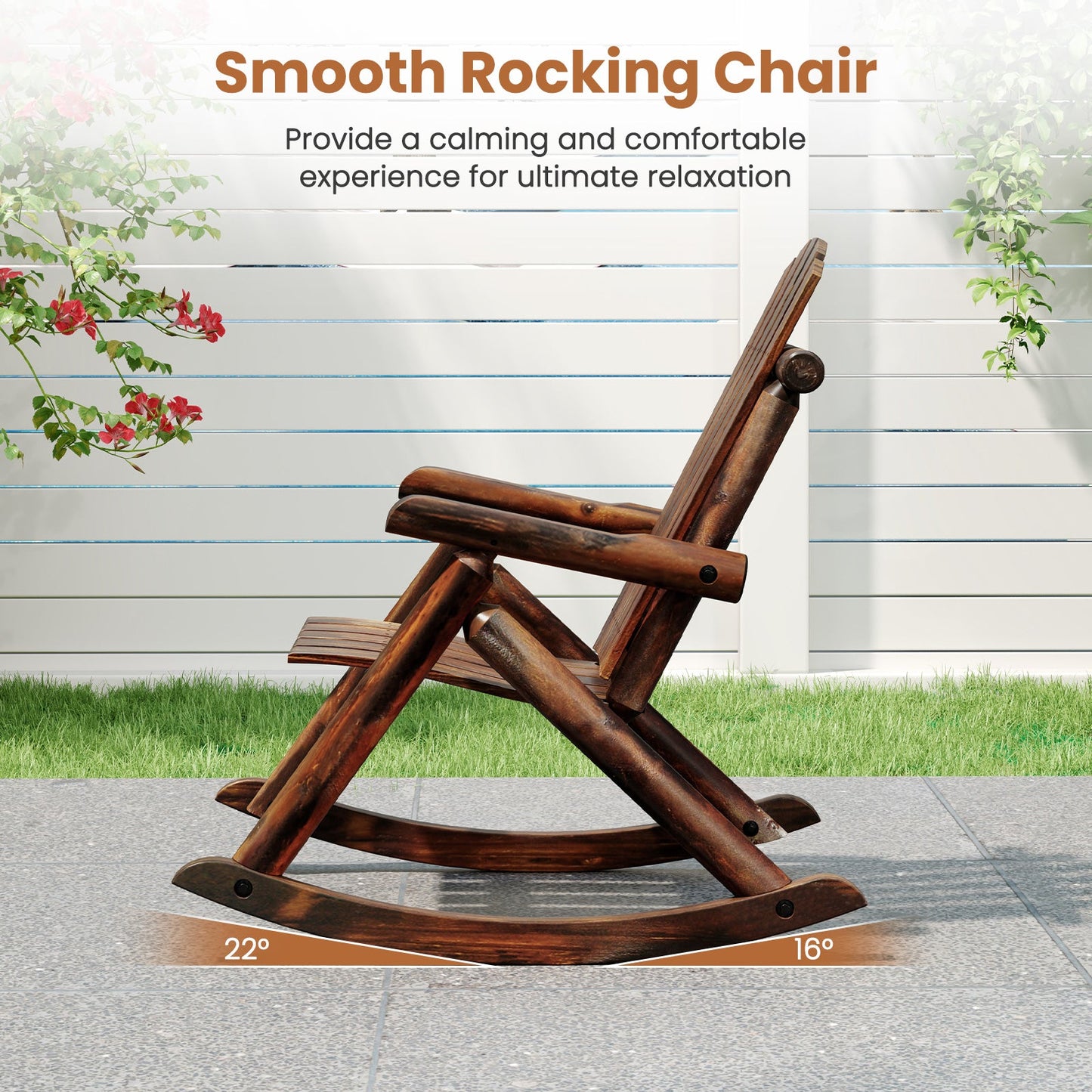 Outdoor Adirondack Rocking Chair for Adults Solid Wood Porch Rocker-Brown with smooth rocking motion on patio