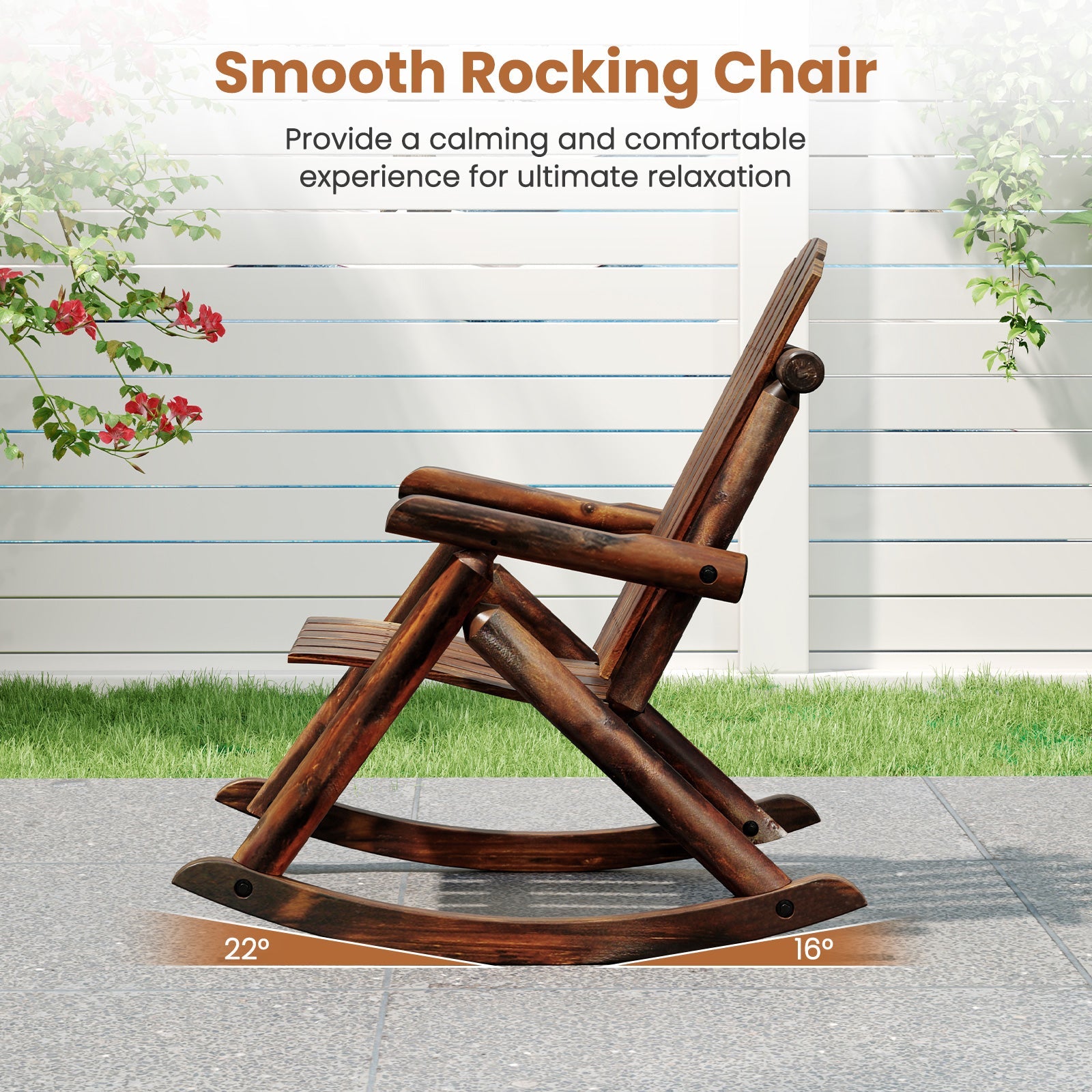 Outdoor Adirondack Rocking Chair for Adults Solid Wood Porch Rocker-Brown with smooth rocking motion on patio