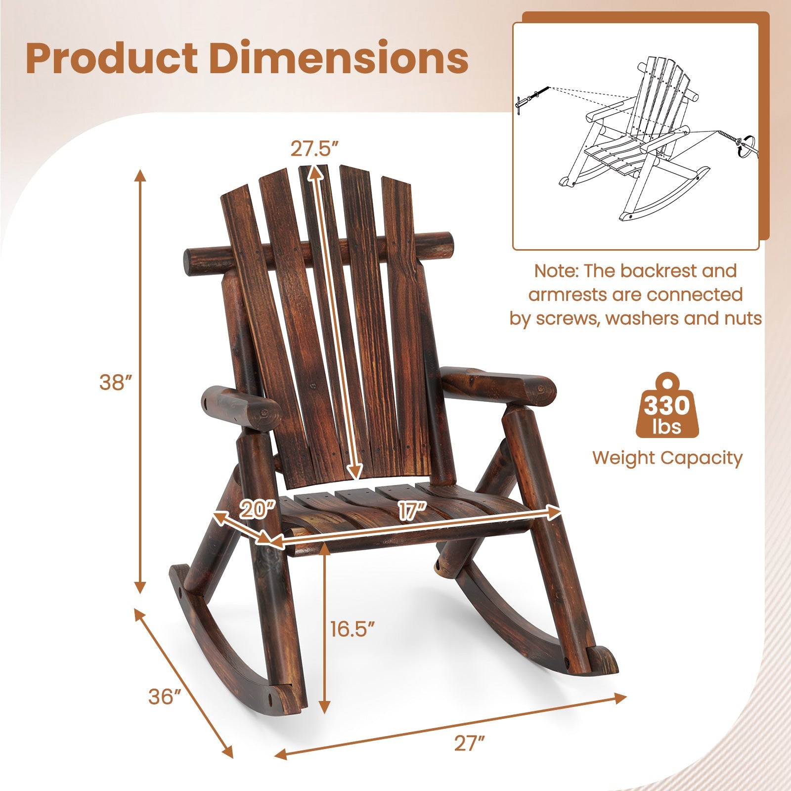 Dimensions of Outdoor Adirondack Rocking Chair for Adults Solid Wood Porch Rocker-Brown with 330 lbs capacity, stable wood design.