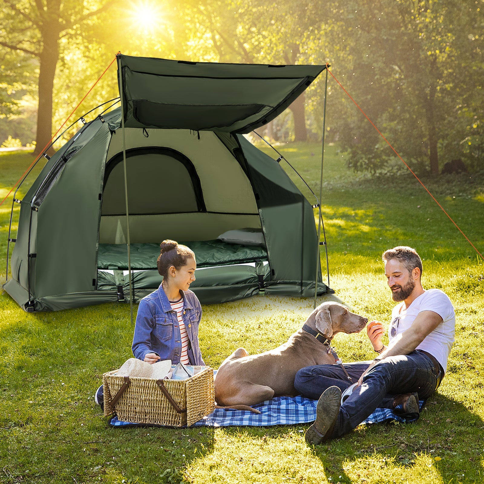 Enjoying the outdoors with a 1-Person Folding Camping Tent with Sunshade and Air Mattress under a sunny sky in a grassy park.