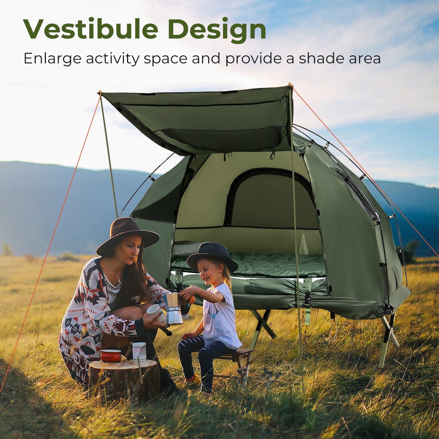 1-Person Folding Camping Tent with Sunshade and Air Mattress in scenic outdoor setting with family enjoying a picnic.