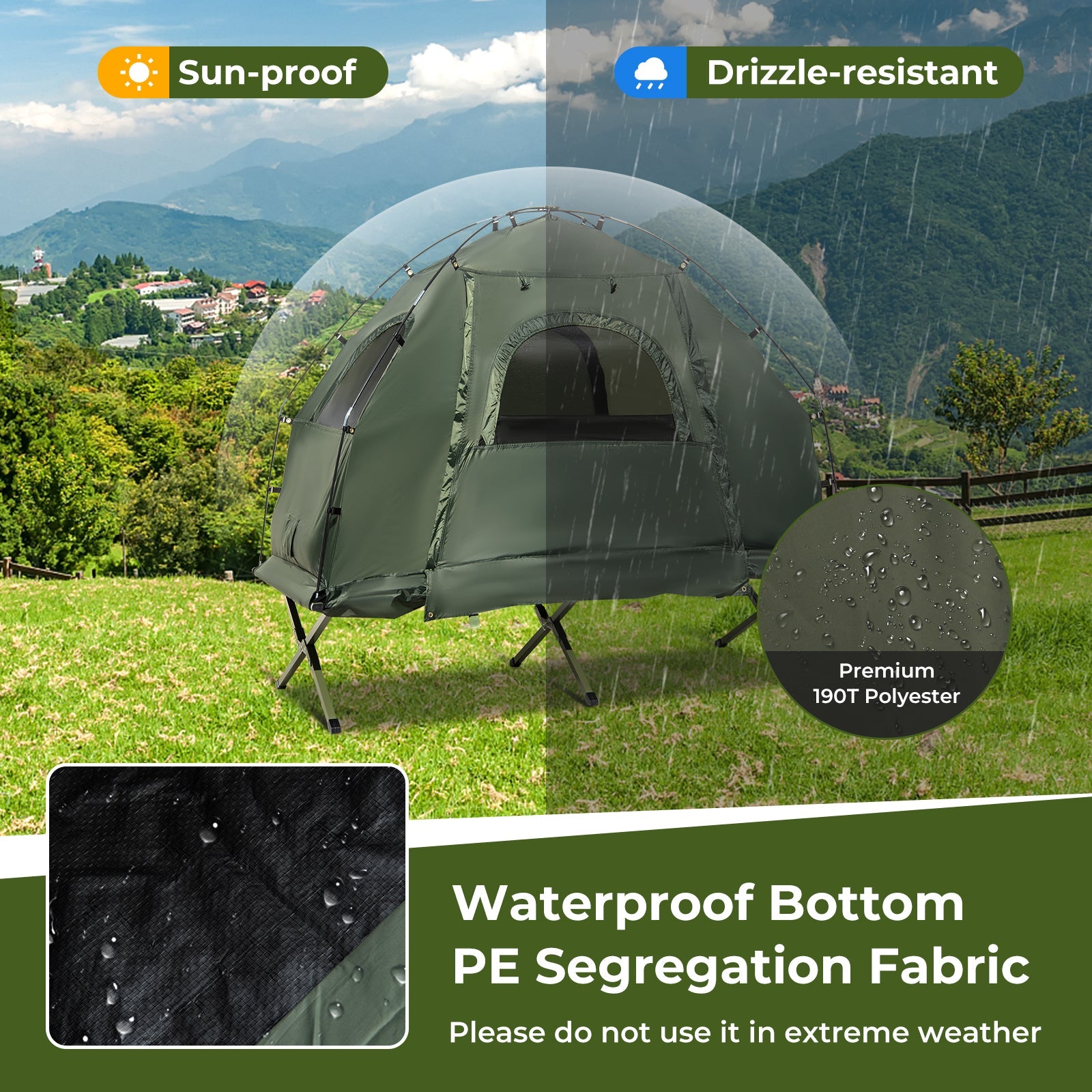 1-Person Folding Camping Tent with Sunshade and Air Mattress showing sun-proof and drizzle-resistant features.