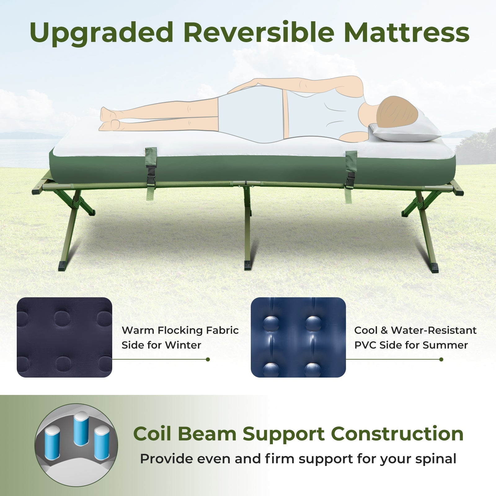 Upgraded reversible mattress illustration showing warm flocking and cool PVC sides for 1-Person Folding Camping Tent with Sunshade and Air Mattress.