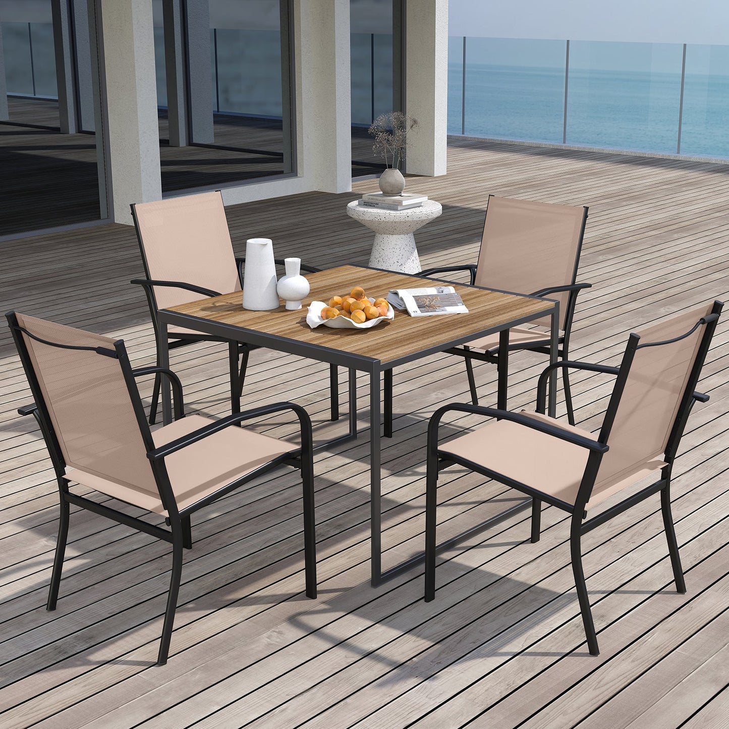 Outdoor Dining Chairs Set of 4 with High Back and Metal Frame-Light Brown arranged around a patio table on a deck.