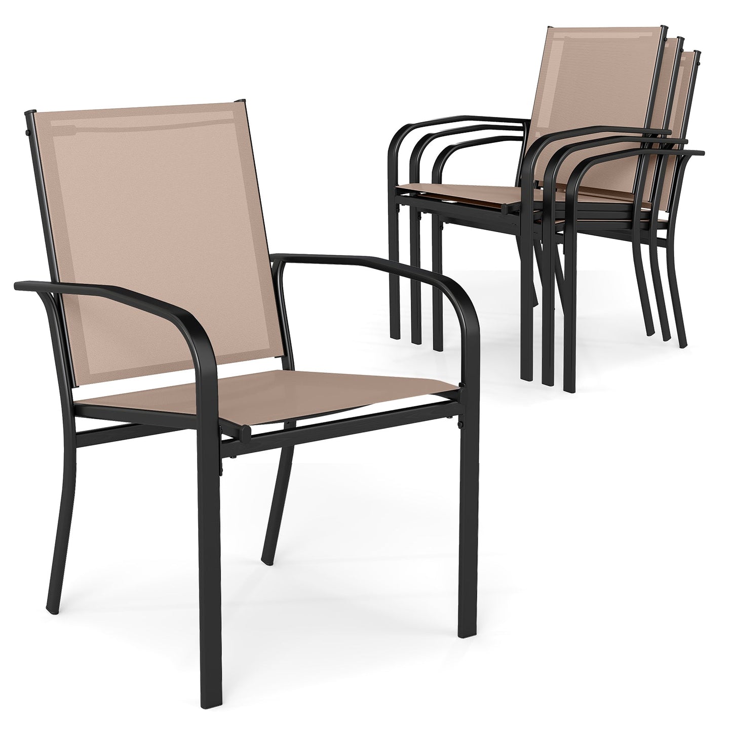 Outdoor Dining Chairs Set of 4 with High Back and Metal Frame-Light Brown, stackable design with ergonomic high backrest.