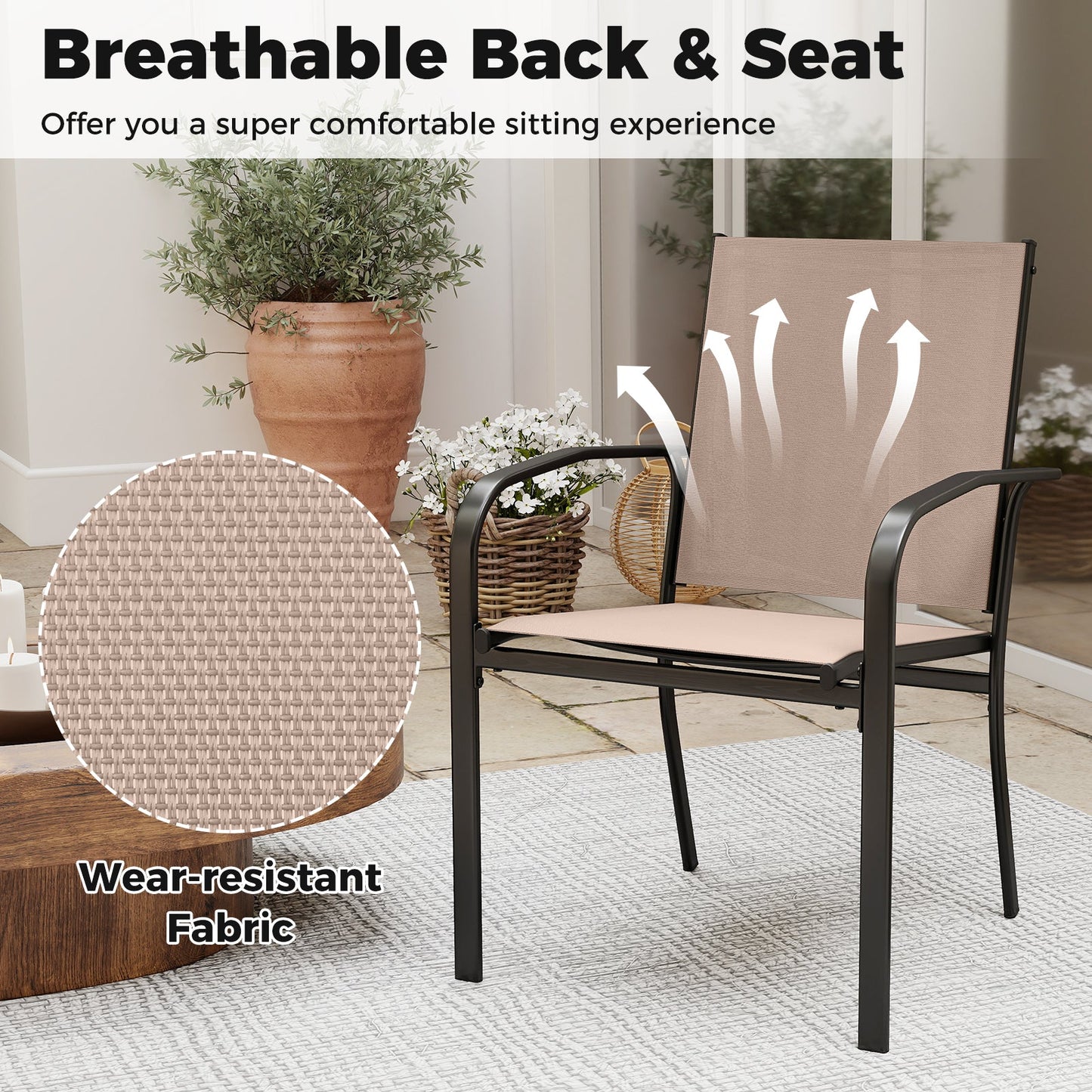 Outdoor Dining Chairs Set of 4 with High Back and Metal Frame-Light Brown, breathable and stackable patio chairs.