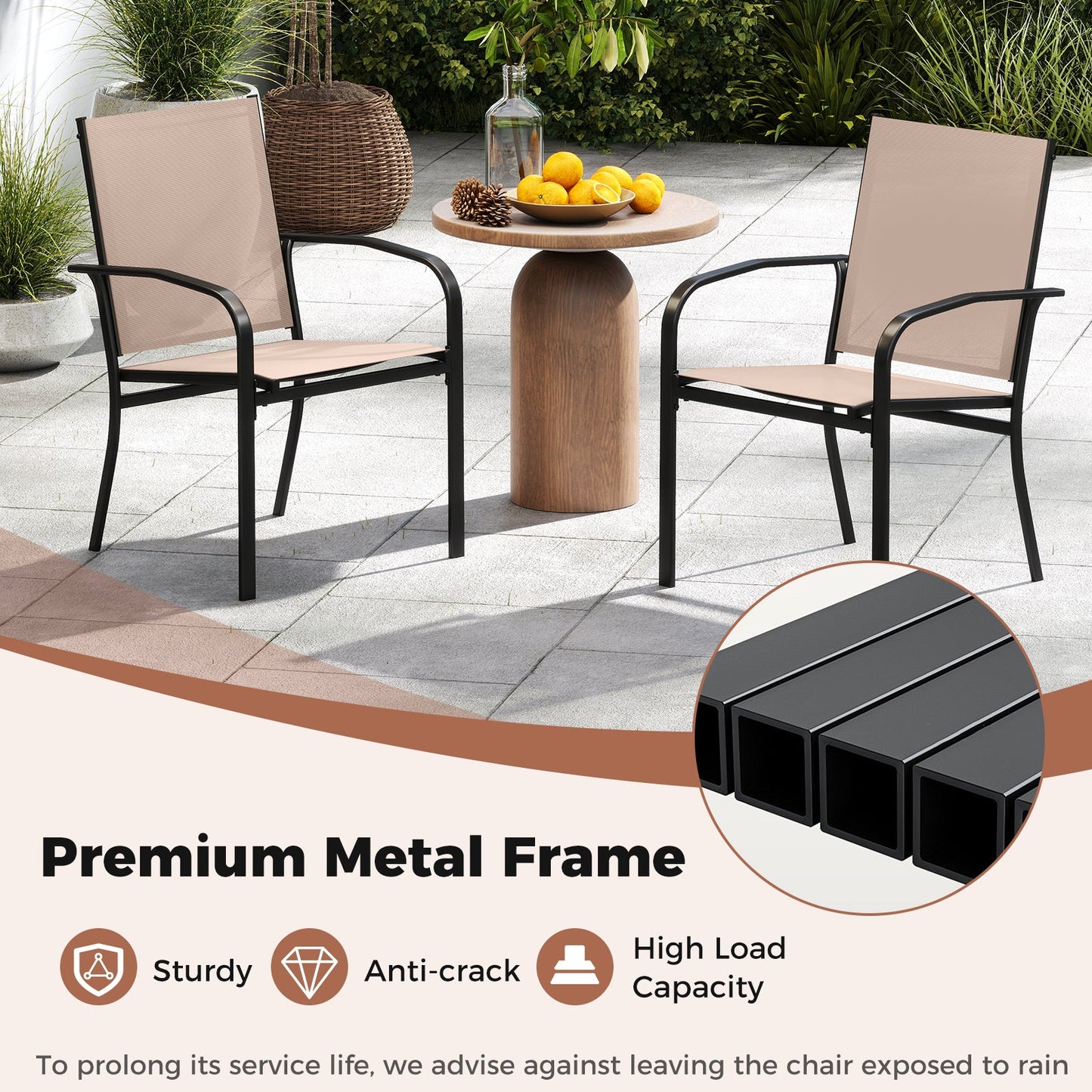 Outdoor Dining Chairs Set of 4 with High Back and Metal Frame-Light Brown displayed on patio with premium metal frame