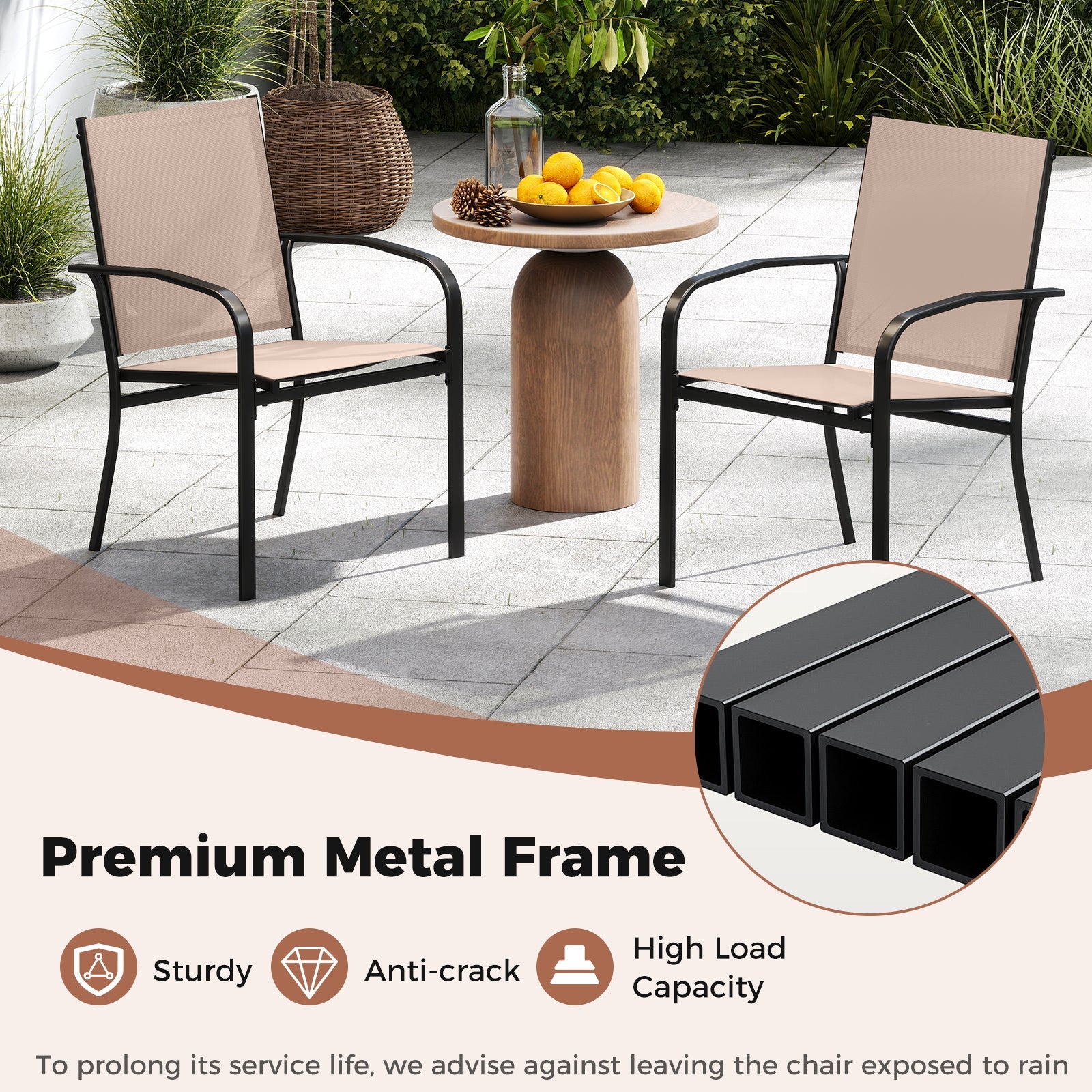 Outdoor Dining Chairs Set of 4 with High Back and Metal Frame-Light Brown displayed on patio with premium metal frame