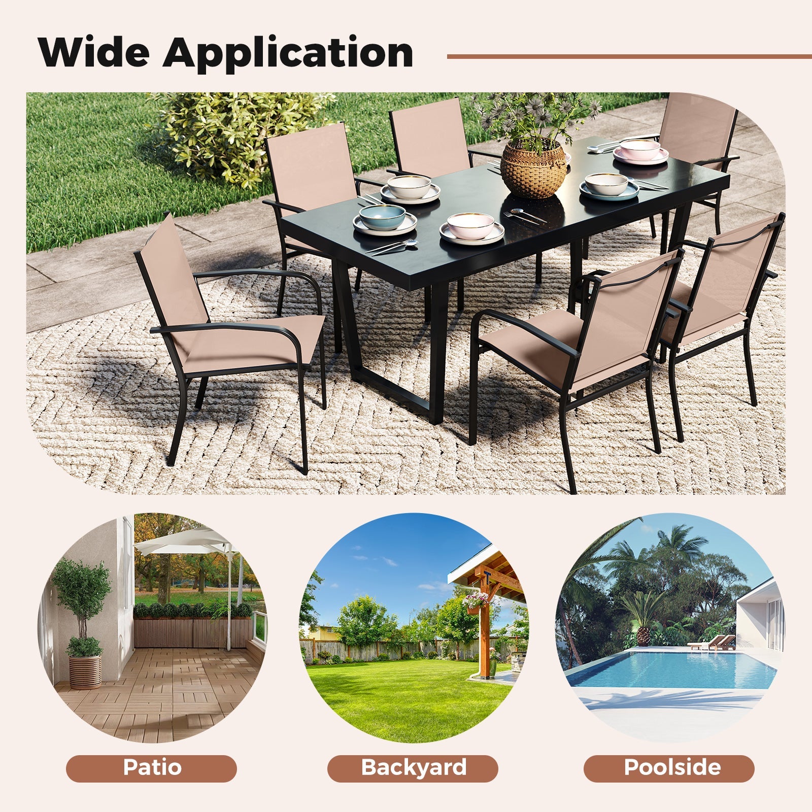 Outdoor Dining Chairs Set of 4 with High Back and Metal Frame-Light Brown around a black dining table on a patio.