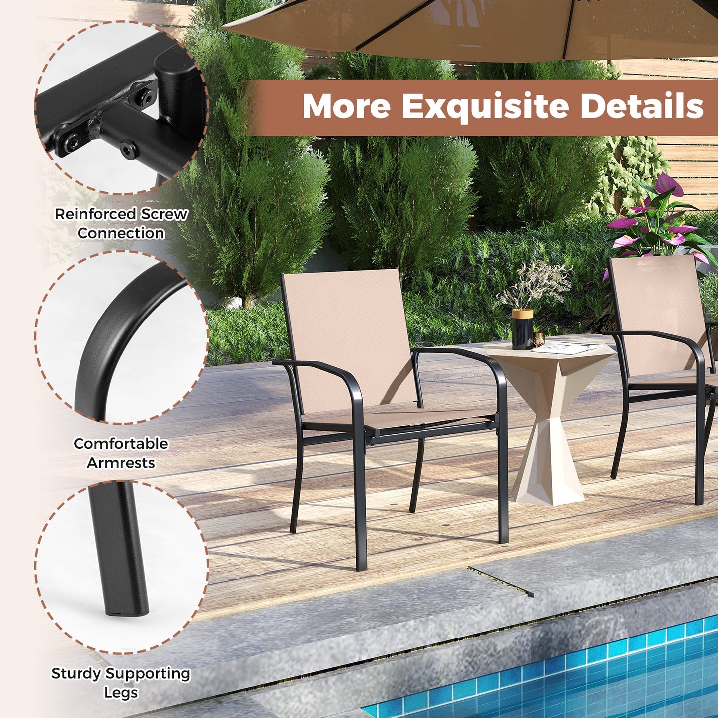 Outdoor Dining Chairs Set of 4 with High Back and Metal Frame-Light Brown on patio with ergonomic design and reinforced screw connection